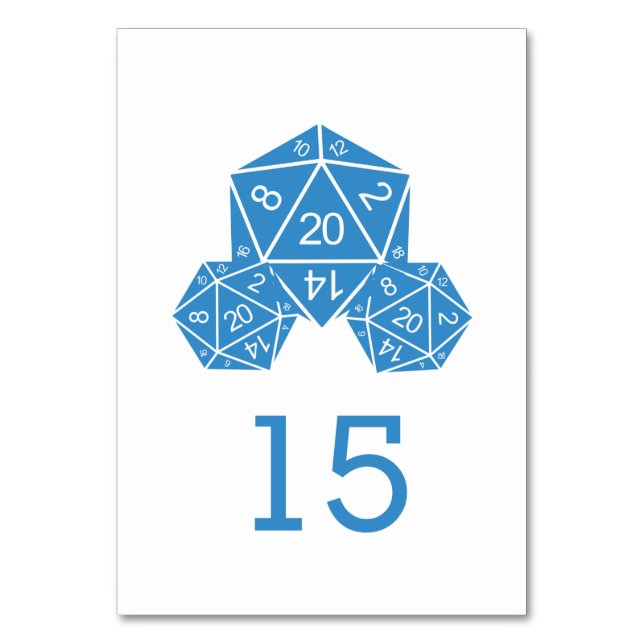 Blue D20 Dice Wedding Table Card Tischnummer (Vorderseite)