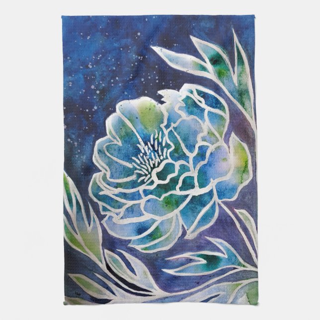 Blue Dahlia Navy Aquamarin Celestial Floral Waterc Geschirrtuch (Vertikal)