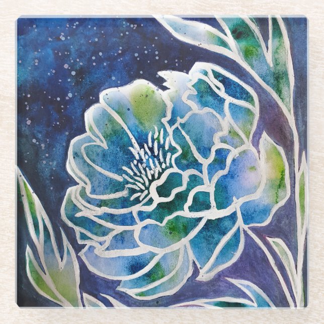 Blue Dahlia Navy Aquamarin Celestial Floral Waterc Glasuntersetzer (Vorderseite)