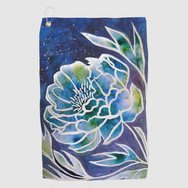 Blue Dahlia Navy Aquamarin Celestial Floral Waterc Golfhandtuch (Vorderseite)