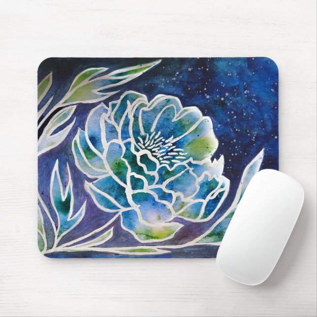 Blue Dahlia Navy Aquamarin Celestial Floral Waterc Mousepad (Mit Mouse)