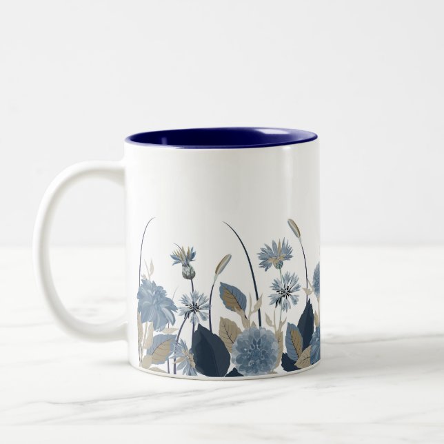 Blue Dahlias Cornflower Zweifarbige Tasse (Links)