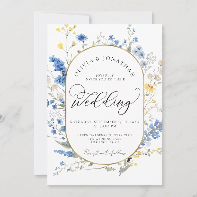 Blue Dainty Gold All in 1 Budget QR Code Hochzeit Einladung (Vorderseite)