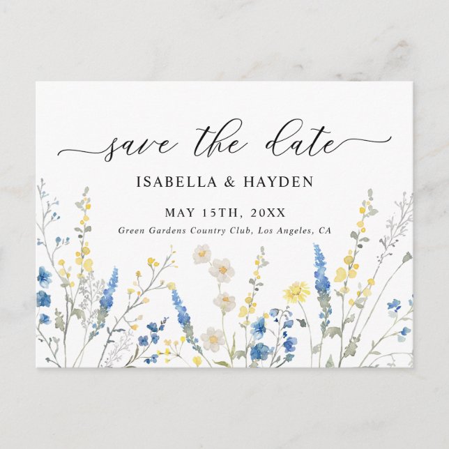 Blue Dainty Wild Blume Navy Floral Save the Date Ankündigungspostkarte (Vorderseite)