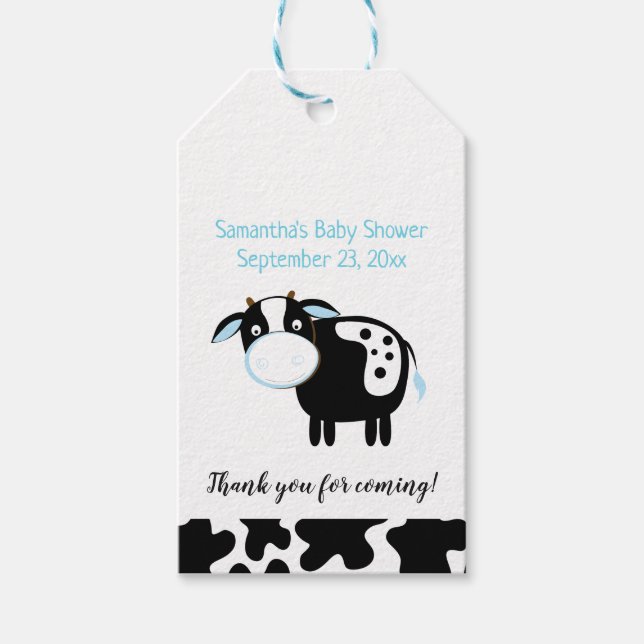 Blue Dairy Cow Baby Shower Tag Geschenkanhänger (Vorderseite)