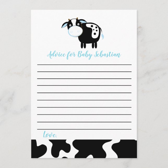 Blue Dairy Cow Boy Baby Shower Advice Cards Hinweiskarte (Vorderseite)