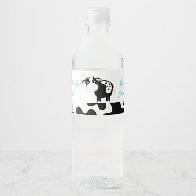 Blue Dairy Cow Farm Baby Boy Water Flasche Etikett (Vorderseite)