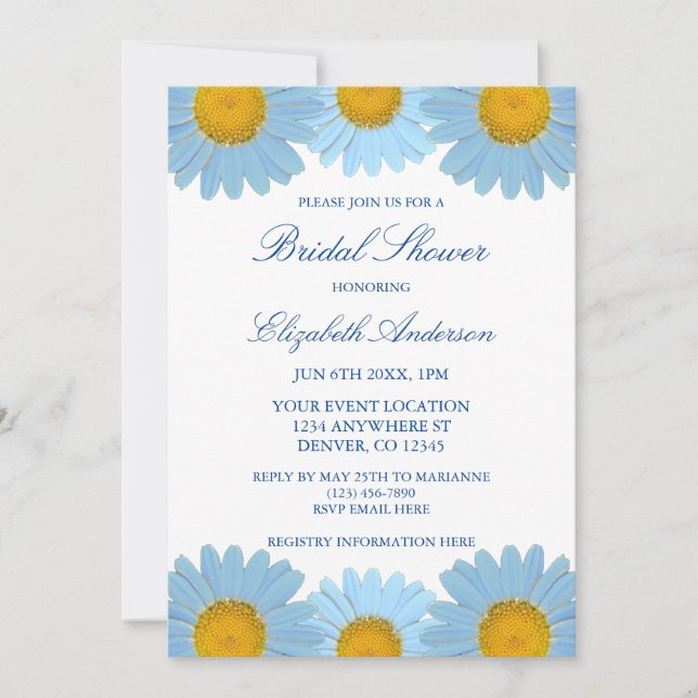 Blue Daisies Floral Brautparty Einladung (Vorderseite)