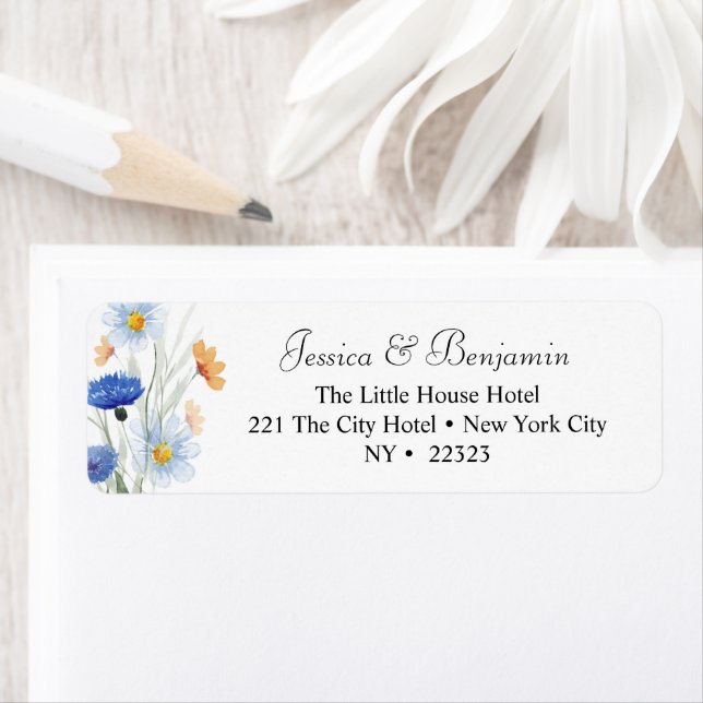Blue Daisies Floral Wedding Return Address Label (Insitu)