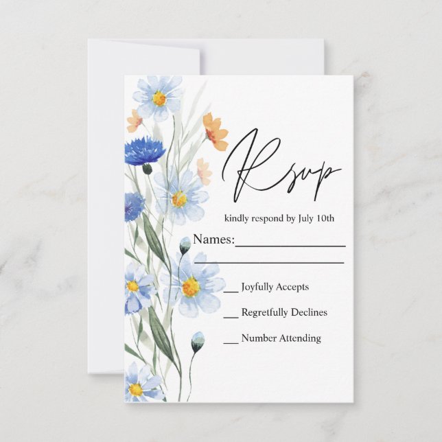 Blue Daisies Floral Wedding RSVP Karte (Vorderseite)