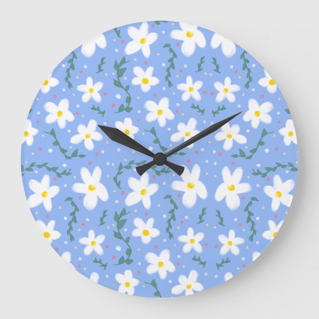 Blue Daisies Große Wanduhr (Vorderseite)