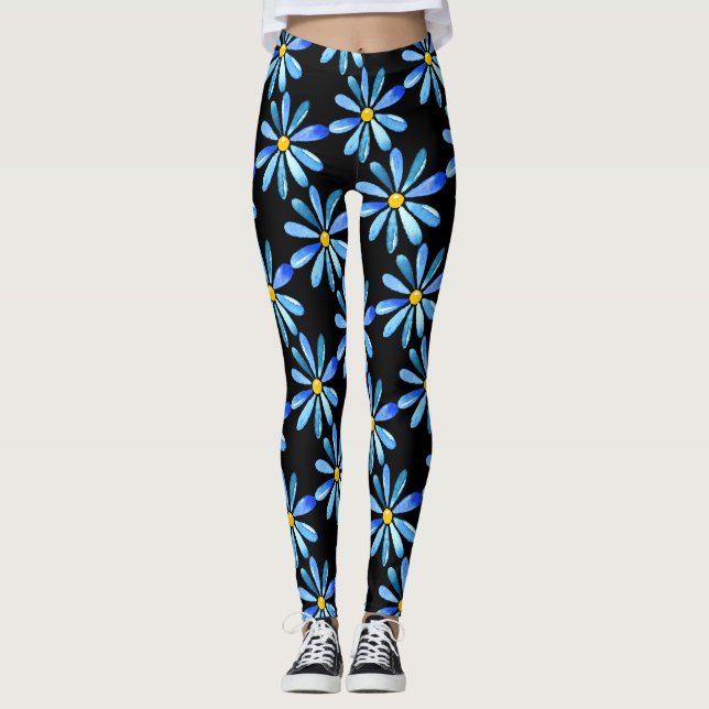 Blue Daisies on-Black Custom Leggings (Vorderseite)