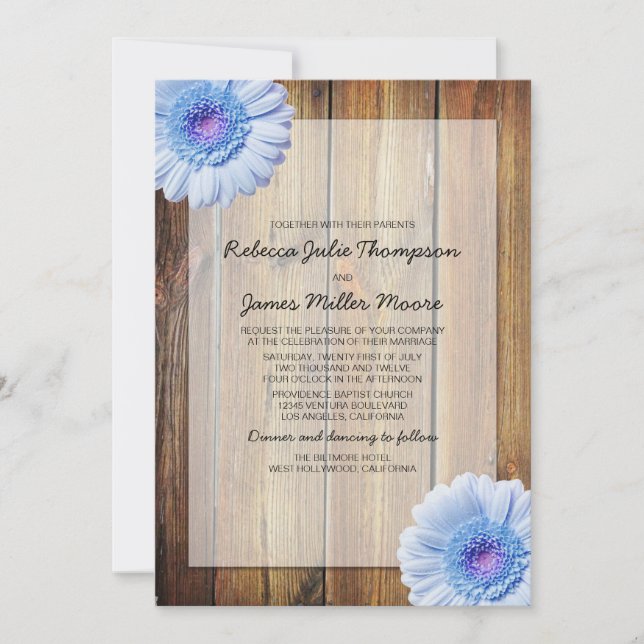 Blue Daisy - Barnholz - Einladung zur Hochzeit (Vorderseite)