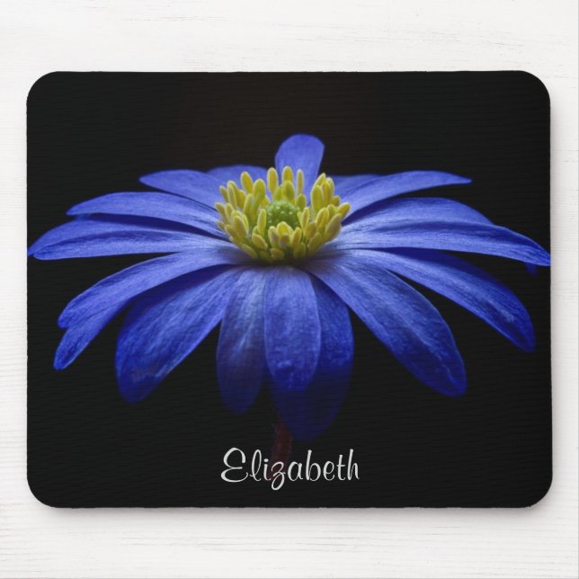 Blue Daisy Blume auf Black Personalisiert Mousepad (Vorne)