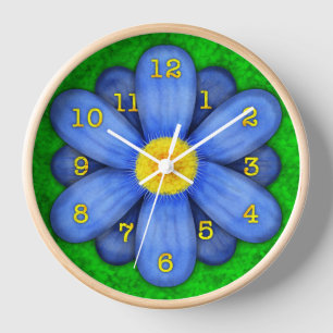 Blue Daisy Blume auf Green Beautiful Wanduhr