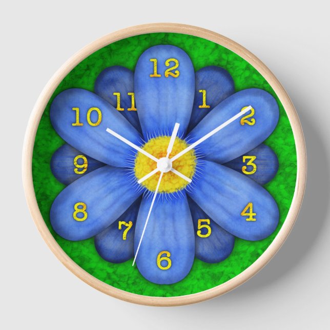 Blue Daisy Blume auf Green Beautiful Wanduhr (Vorderseite)
