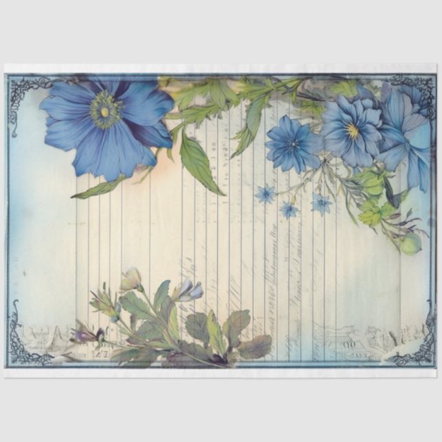 Blue Daisy Blume und Schrift ephemera Seidenpapier (Vorderseite)
