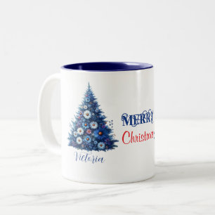 Blue Daisy Christmas Tree Frohe Weihnachtsname Zweifarbige Tasse