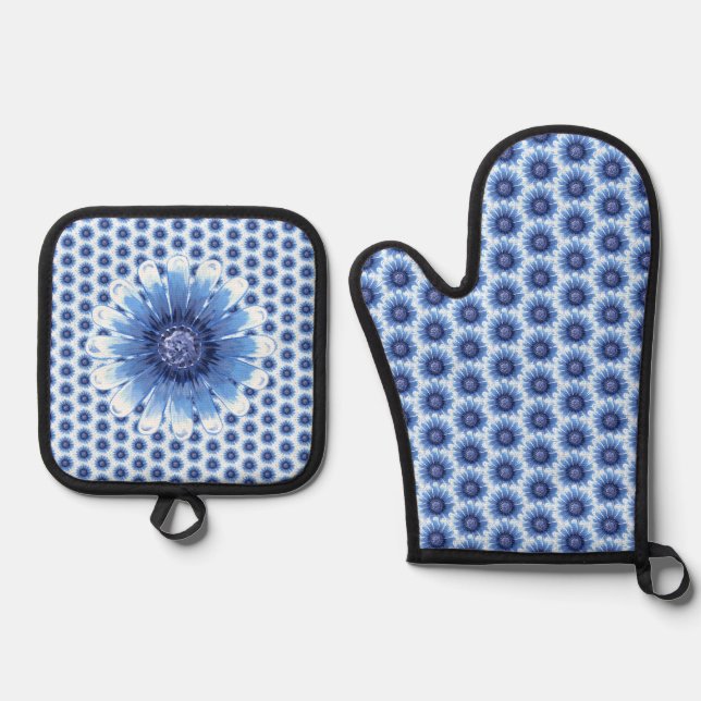 Blue Daisy Oven Mitt und Pot Holders Ofenhandschuh & Topflappen-Set (Vorderseite)