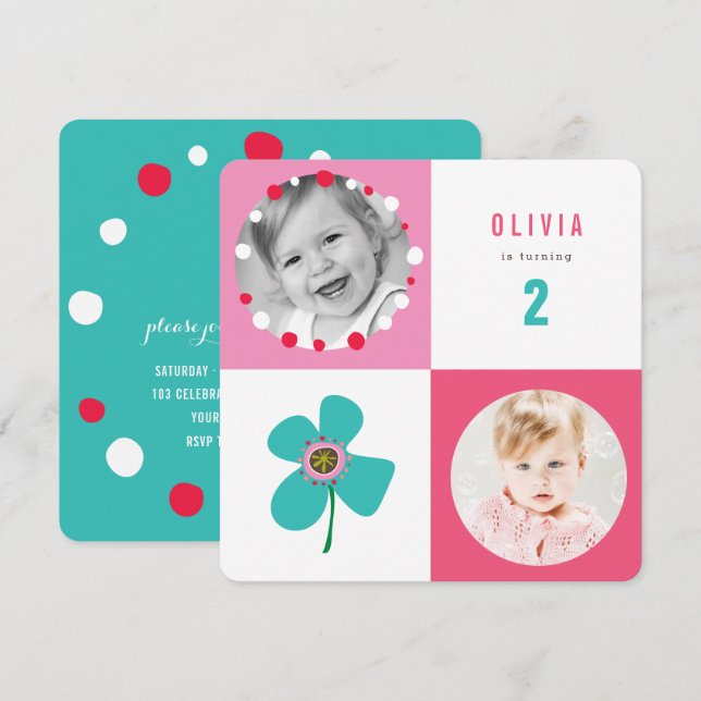 Blue Daisy Pop Squares Girl Birthday Foto Einladun Einladung (Vorne/Hinten)