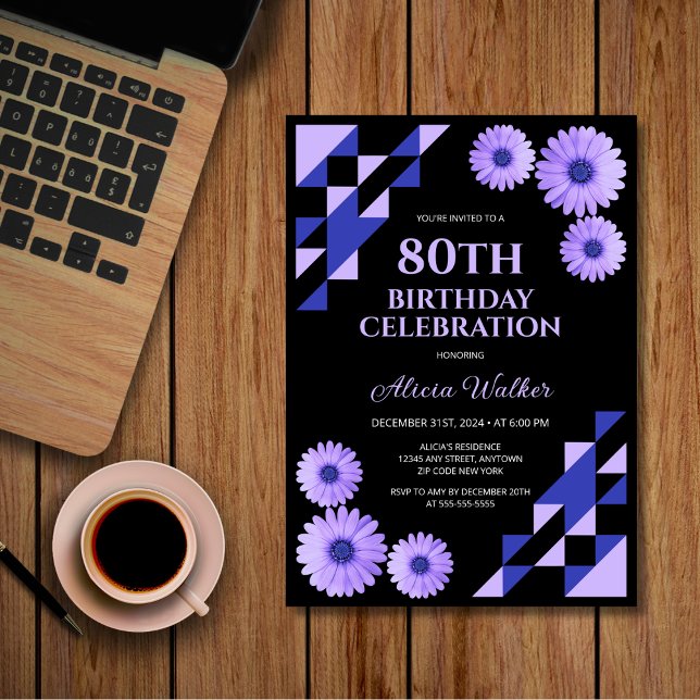 Blue Daisy Triangle Geometric Black Birthday Einladung (Von Creator hochgeladen)