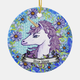 Blue Daisy Unicorn Keramik Ornament