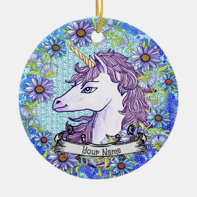 Blue Daisy Unicorn Keramik Ornament (Vorne)