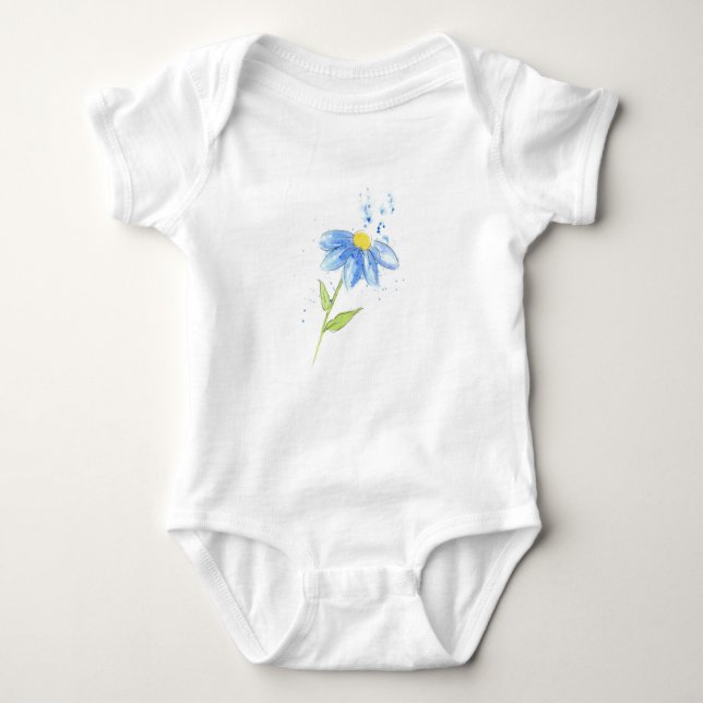 Blue Daisy Watercolor Baby Strampler (Vorderseite)