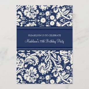 Blue Damask 75. Geburtstagsparty Einladungen