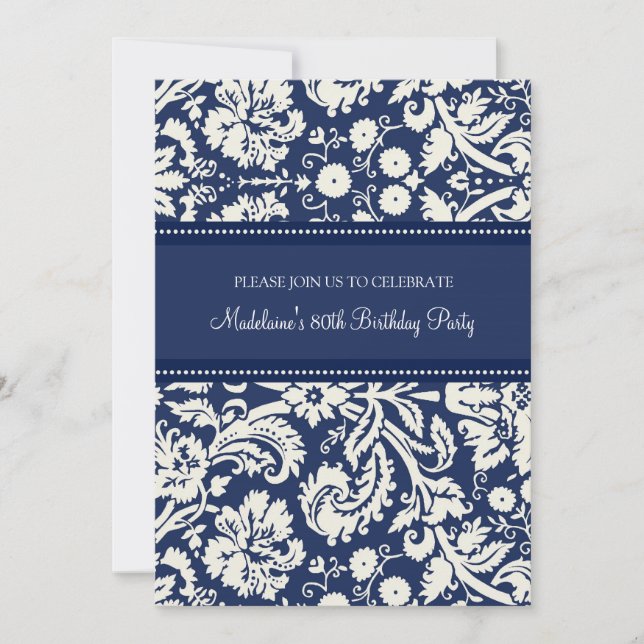 Blue Damask 80. Geburtstagsparty Einladungen (Vorderseite)