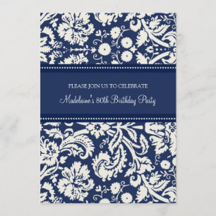 Blue Damask 80. Geburtstagsparty Einladungen