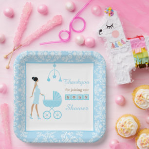 Blue Damask Afroamerikanerin Babydusche Pappteller