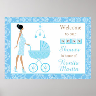 Blue Damask Afroamerikanerin Babydusche Poster