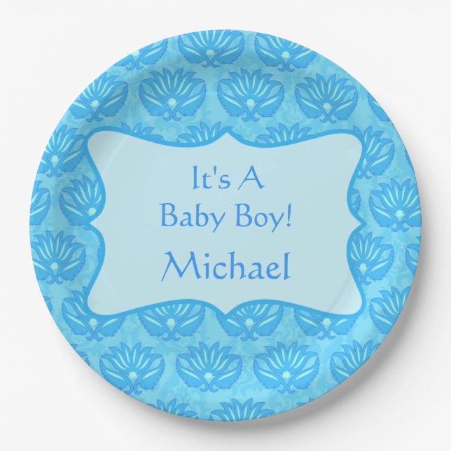 Blue Damask Baby Boy Name Personalisiert Pappteller (Vorderseite)
