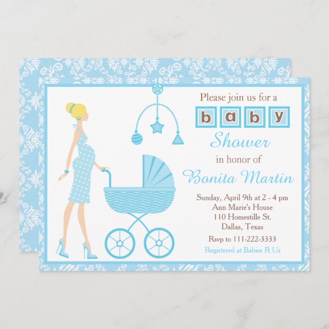 Blue Damask Blonde erwartet junge Babydusche Einladung (Vorne/Hinten)