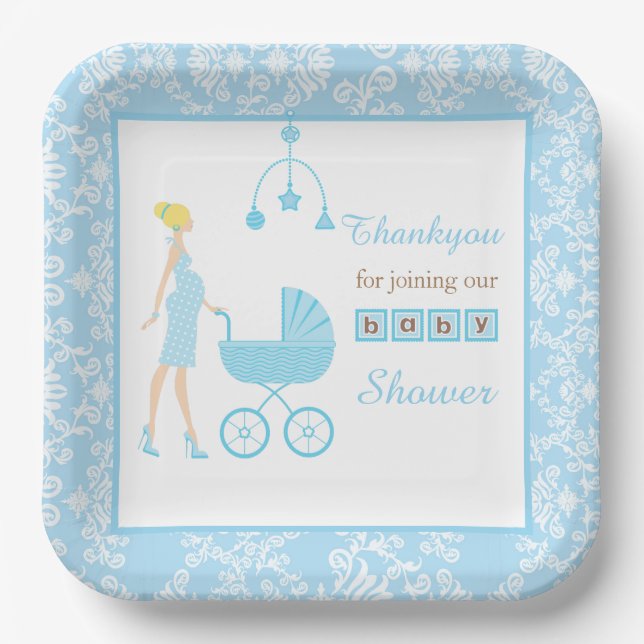 Blue Damask Blonde Woman Baby Dusche Pappteller (Vorderseite)