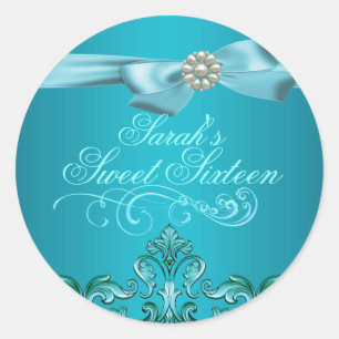 Blue Damask & Bow Sweet 16 Umschlag Sticker/Siegel Runder Aufkleber
