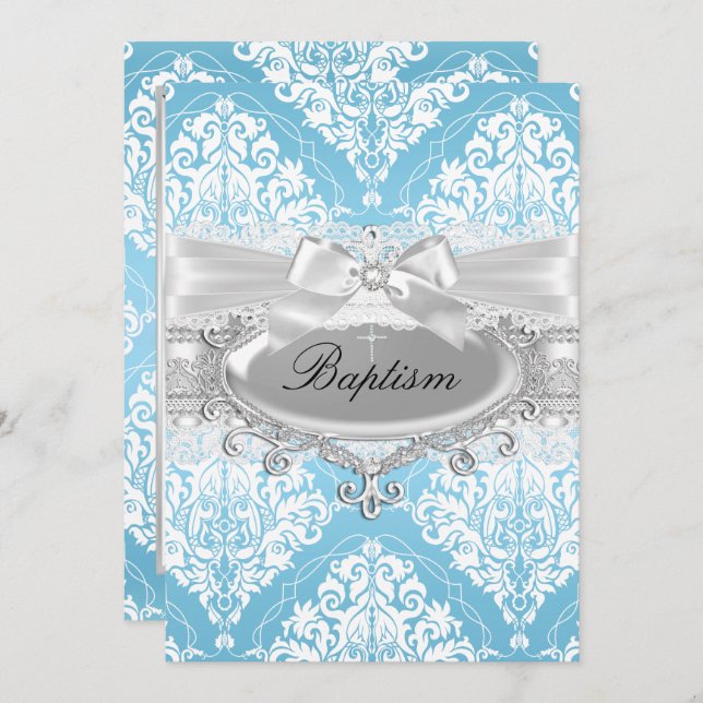 Blue Damask Bow Taufe Einladung (Vorne/Hinten)