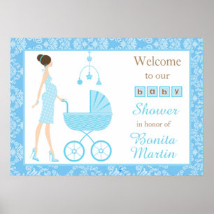 Blue Damask Brünett Boy Baby Dusche Poster