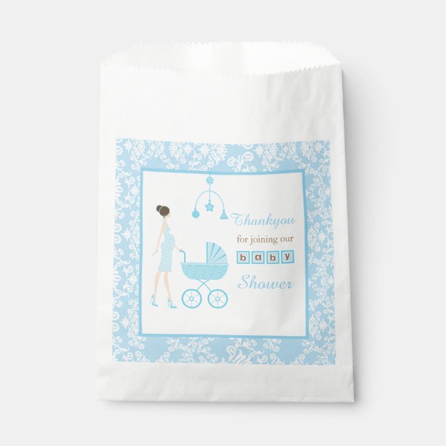 Blue Damask Brünett Frauenbaby-Dusche Geschenktütchen (Vorderseite)