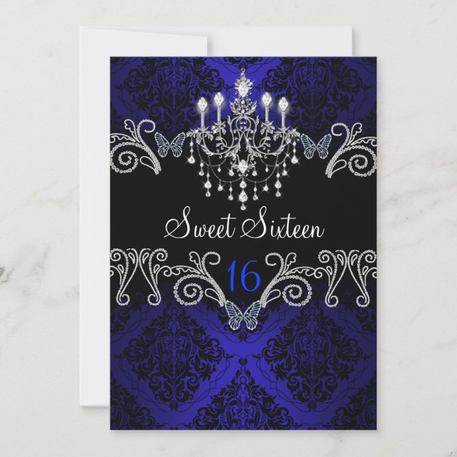 Blue Damask & Butterfly 16 . Geburtstag Einladung (Vorderseite)