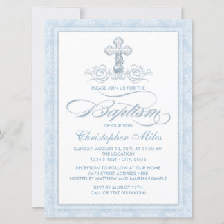 Blue Damask Cross Baptisse Einladung