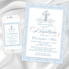 Blue Damask Cross Baptisse Einladung