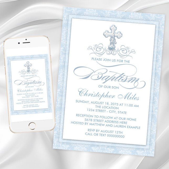Blue Damask Cross Baptisse Einladung (Blue damask baptism invitation with fancy script and pearl cross. For Instant download and print.)