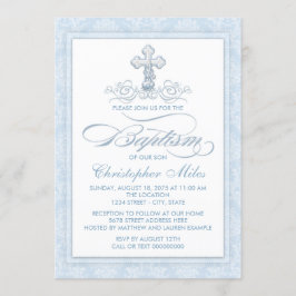 Blue Damask Cross Baptisse Einladung