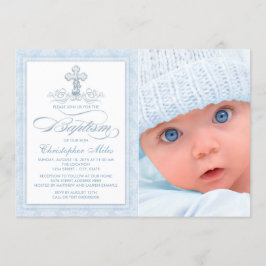 Blue Damask Cross Boy Foto Taufe Einladung