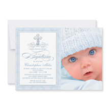 Blue Damask Cross Boy Foto Taufe