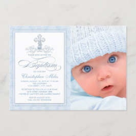 Blue Damask Cross Boy Foto Taufe Einladung