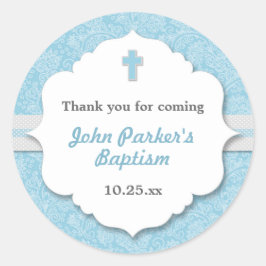 Blue Damask Crossboy-Taufe Runder Aufkleber
