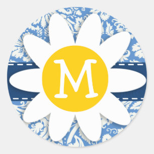 Blue Damask; Daisy Runder Aufkleber